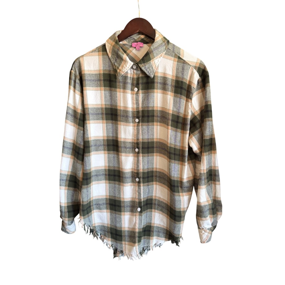 Mi Ami for Francesca's Plaid Flannel Shirt Green Cream Frayed Hem Large